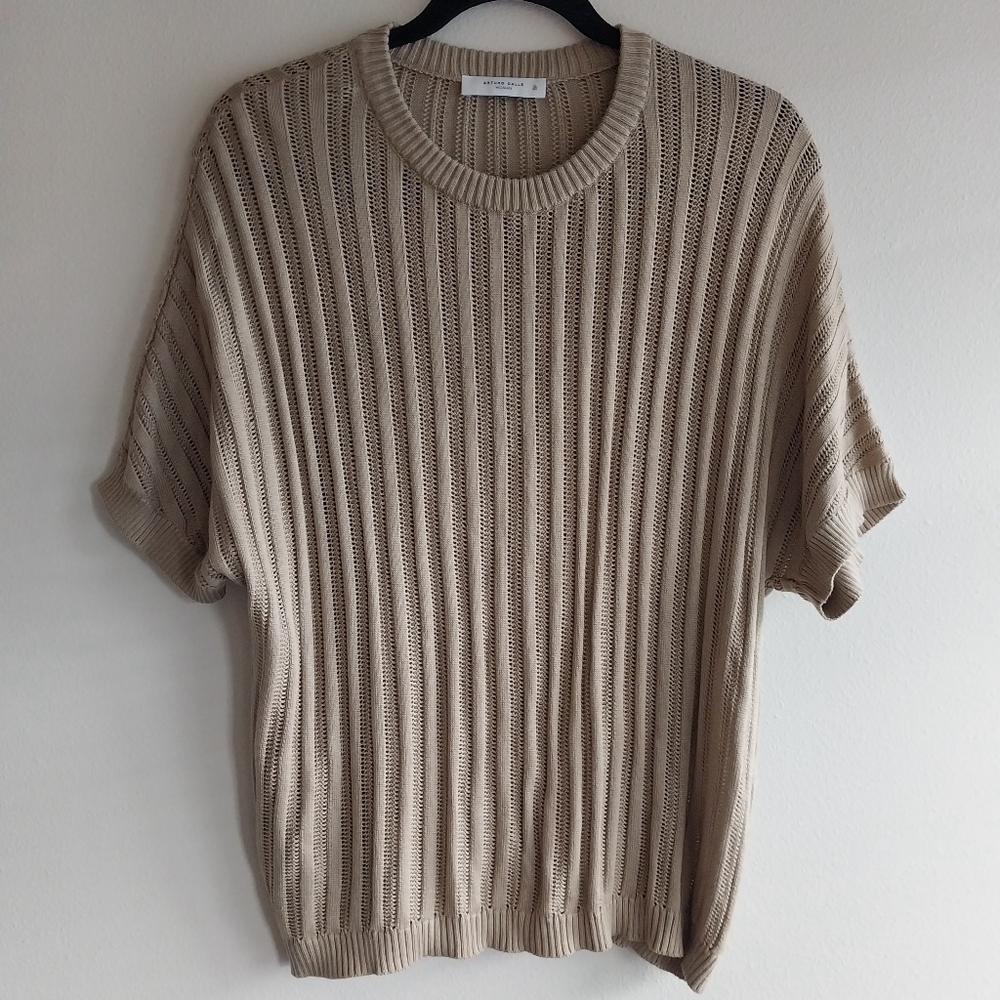 Arturo Calle Tan Short Sleeve Textured Stripe Open Knit Lightweight Sweater